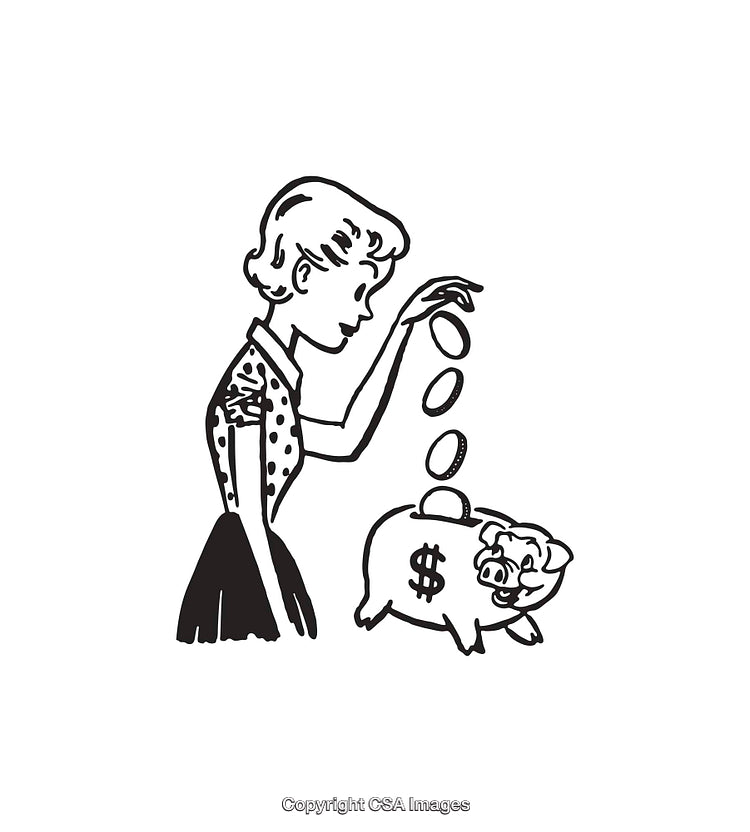 Black and White Line Art Illustration of a Woman Saving Money