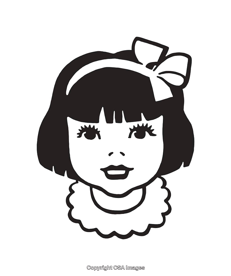 Black and White Retro Girl Line Art with Bow and Collar