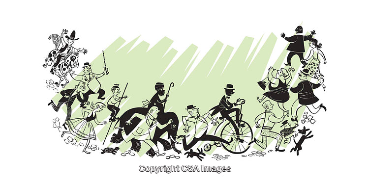 Colorful Illustration of People Engaging in Various Activities with Dynamic Energy