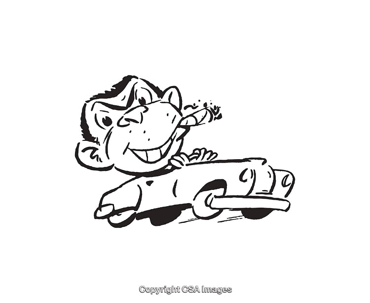 Retro Styled Black And White Illustration of Smoking Character in Car