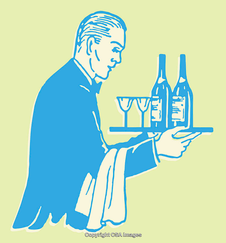Vintage Illustration of a Waiter Serving Wine Bottles and Glasses