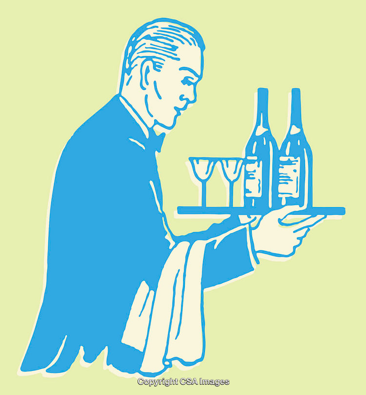 Vintage Illustration of a Waiter Serving Wine Bottles and Glasses