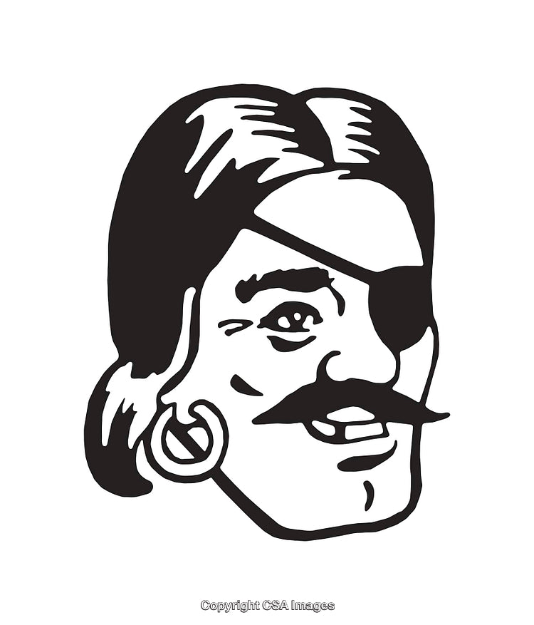 Black and White Pirate Illustration with Eye Patch and Earring