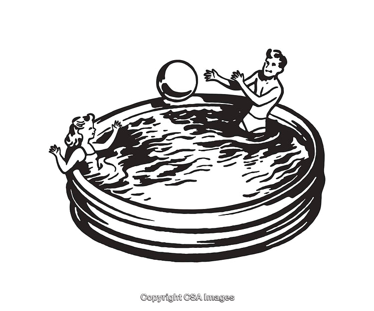 Retro Black and White Line Art of Children Playing in a Pool