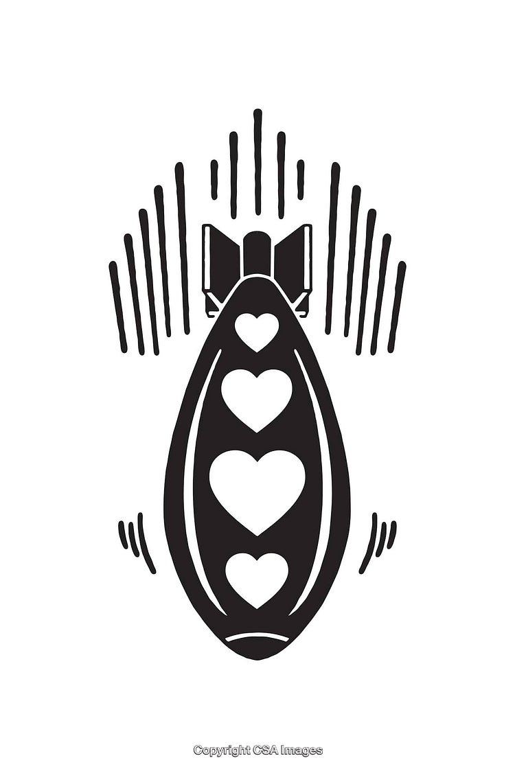 Black and White Line Art of a Unique Heart-Bomb Design
