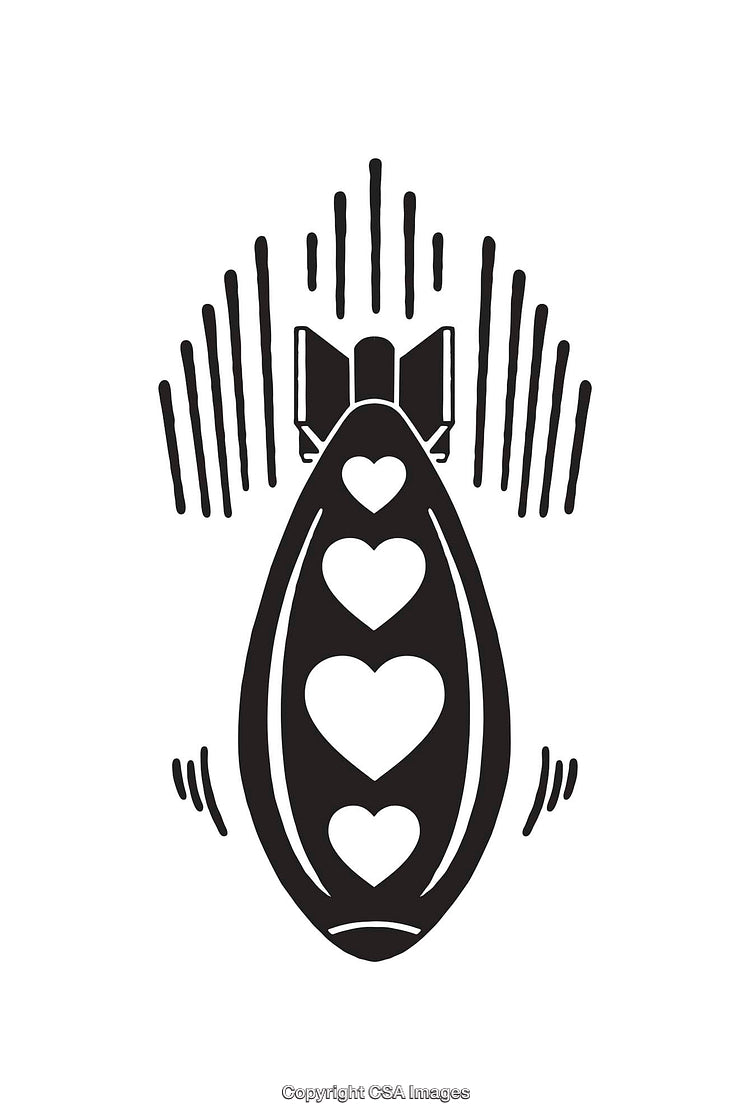 Black and White Line Art of a Unique Heart-Bomb Design