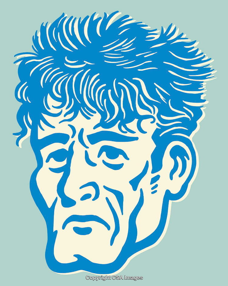 Blue Illustrated Portrait of a Man with Expressive Features on Light Background