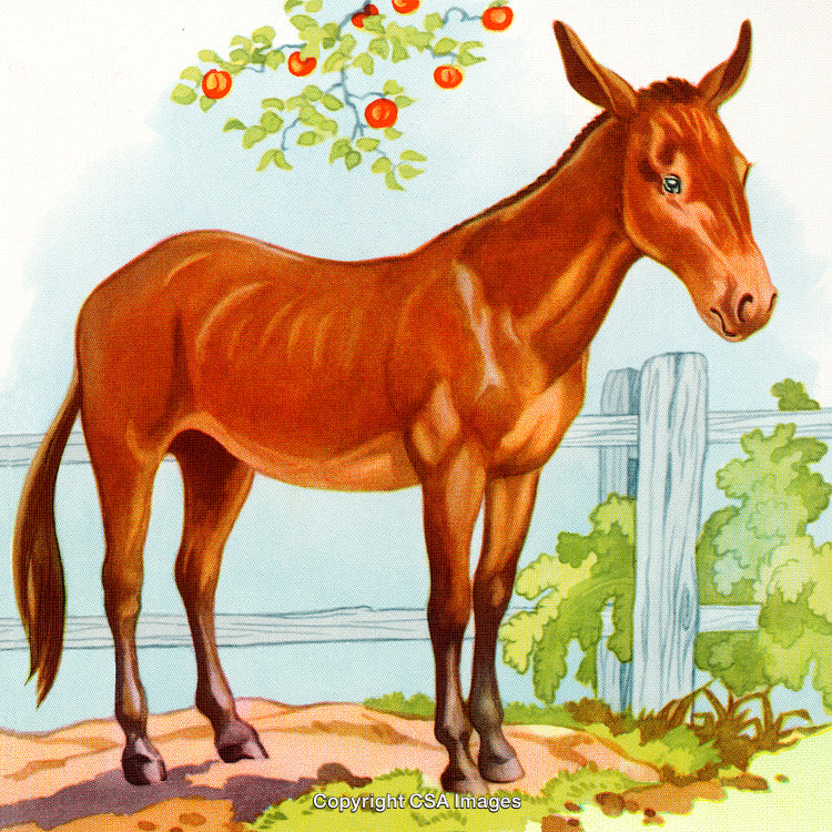 Illustration of Brown Mule Standing Near Apple Tree in Countryside