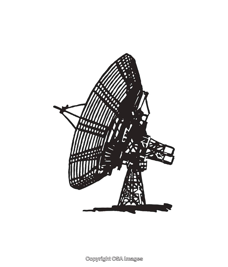 Detailed Black and White Line Art of a Large Satellite Dish