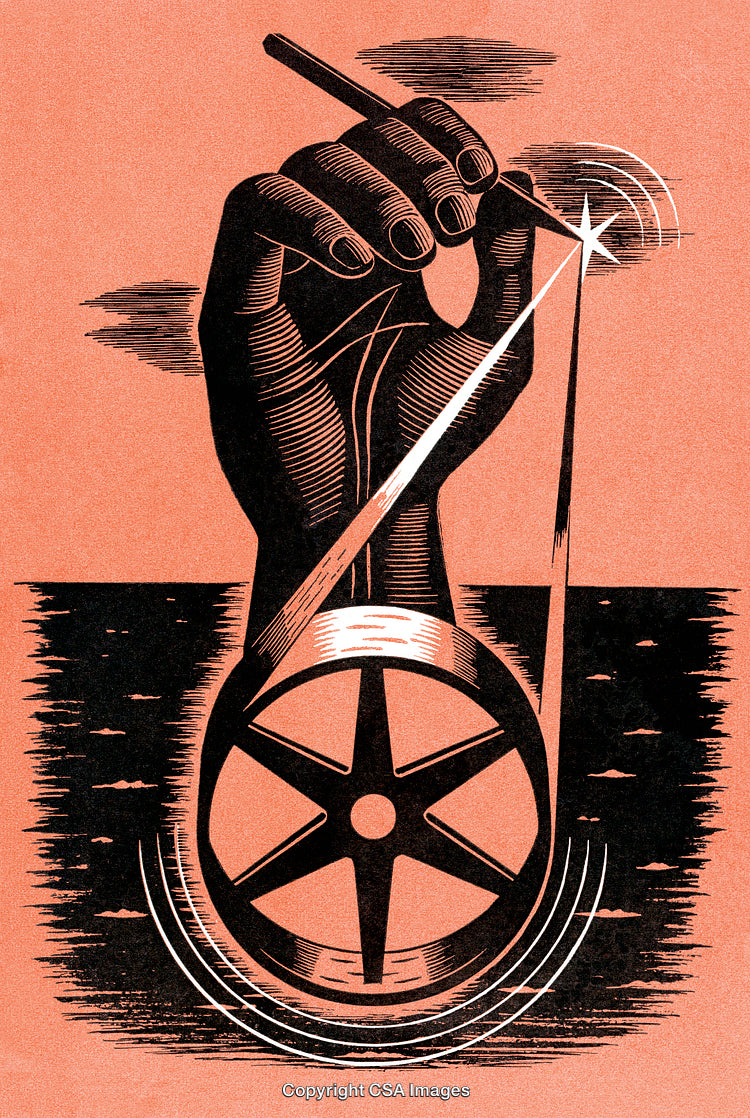 Hand Holding Thread Over Water with Wheel Design and Starburst