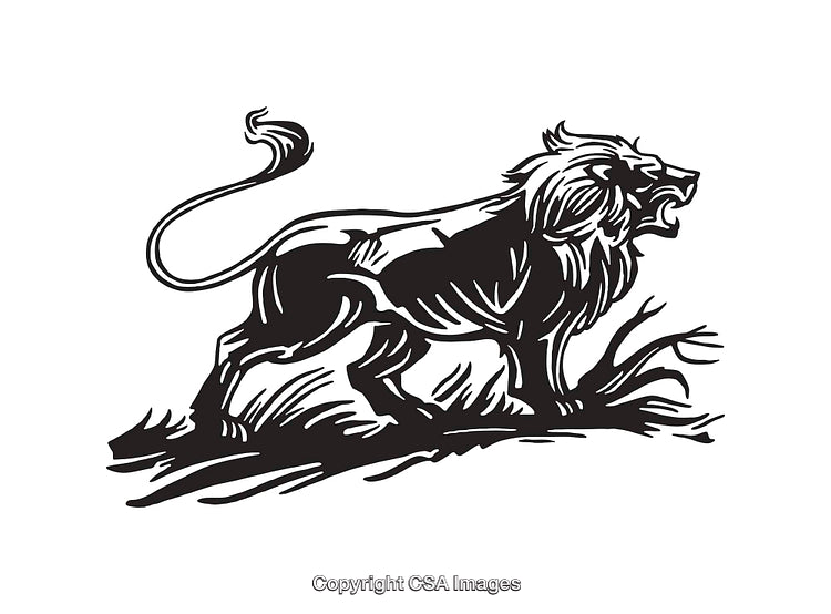 Black and White Artistic Illustration of a Fierce Lion Roaring Powerfully