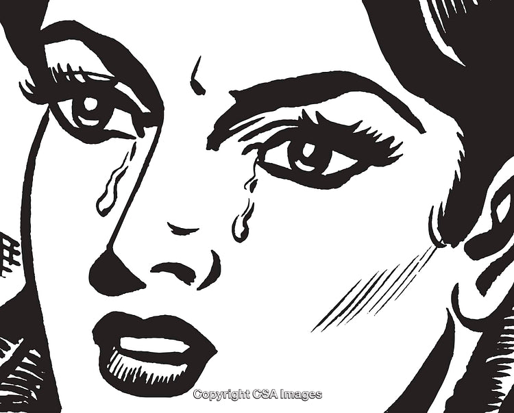 Black and White Pop Art Illustration of a Tearful Woman's Face