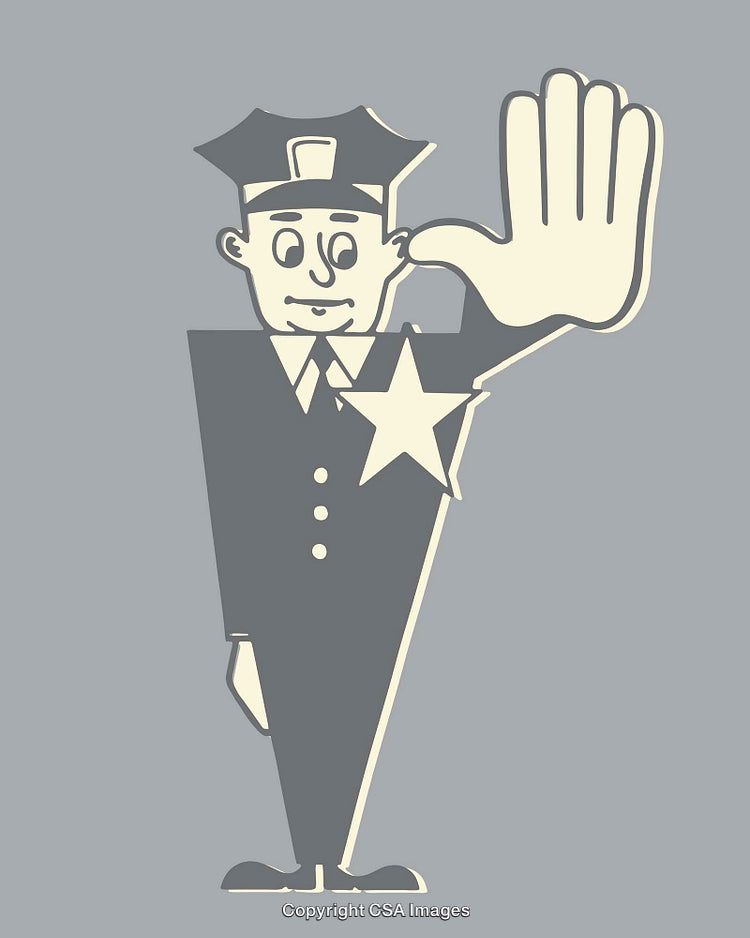 Cartoon Police Officer Illustration Showing a Stop Gesture on Neutral Background