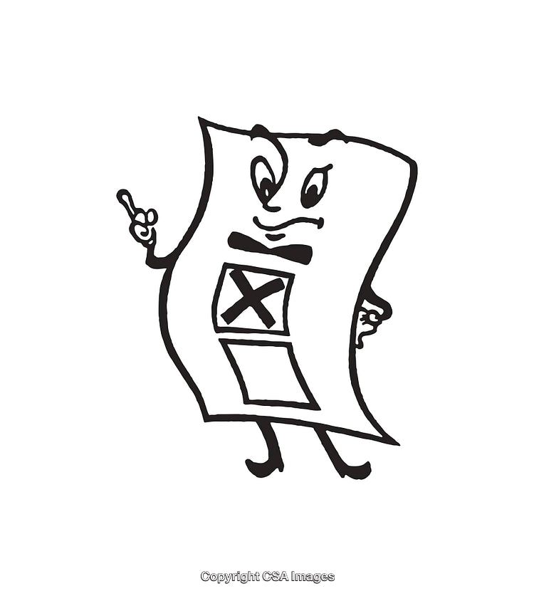 Black and White Cartoon Illustration of a Voting Ballot Character