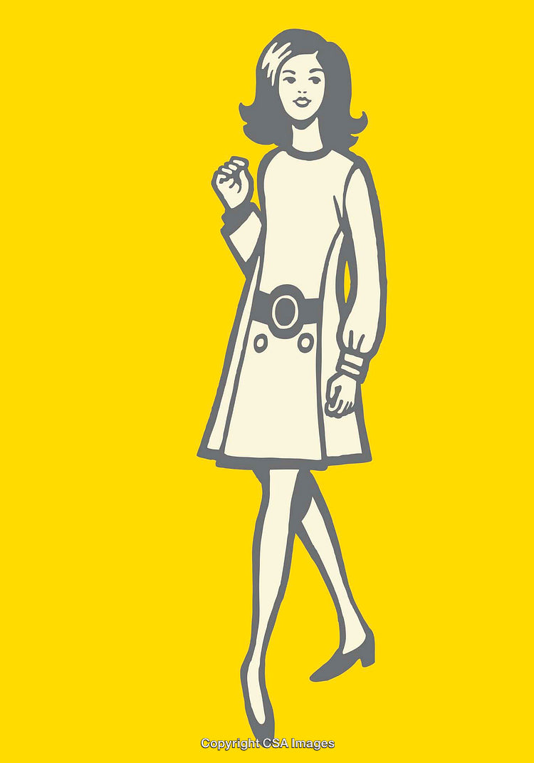Retro Illustration of a Woman in a Stylish Dress on Yellow Background