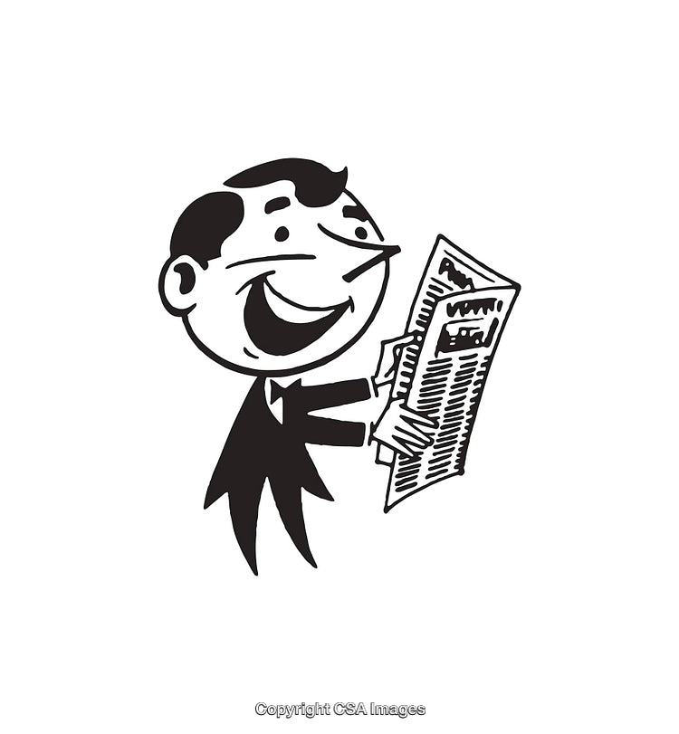 Cheerful Man Reading a Newspaper in Black and White Line Art