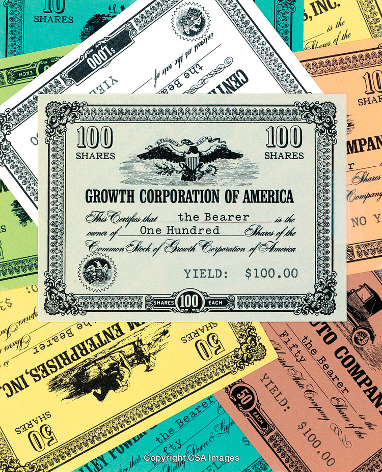 Colorful Collection of Stock Certificates Representing Shares and Investments