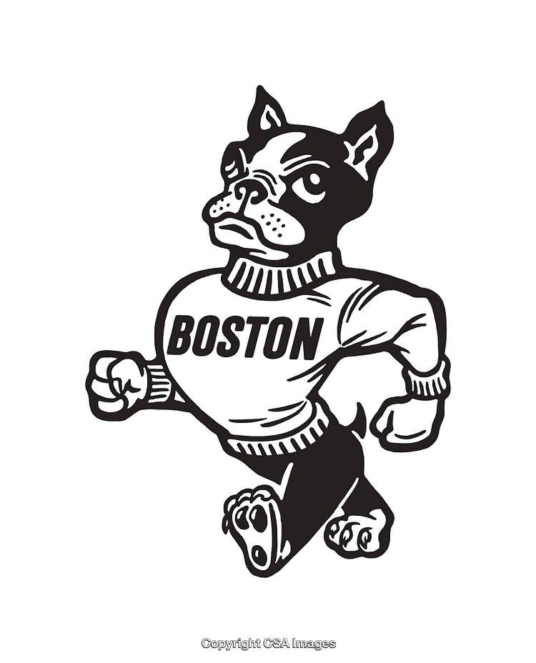Black and White Illustration of a Walking Dog Wearing a Boston Shirt