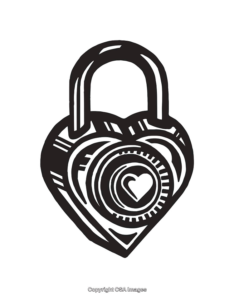 Black and White Heart-Shaped Padlock Illustration with Artistic Detailing