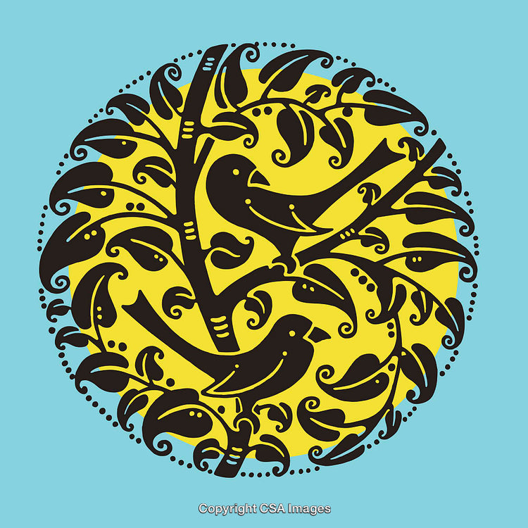 Colorful Line Art Illustration of Birds in a Textured Circular Pattern
