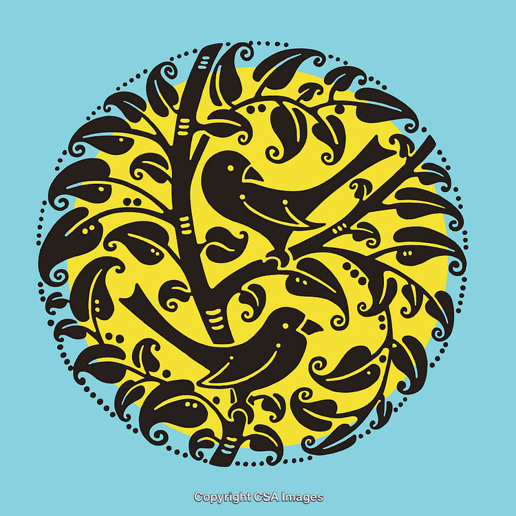 Colorful Line Art Illustration of Birds in a Textured Circular Pattern
