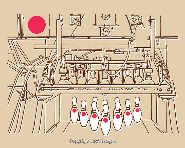 Detailed Line Art Illustration of Bowling Alley Pinsetter Mechanism