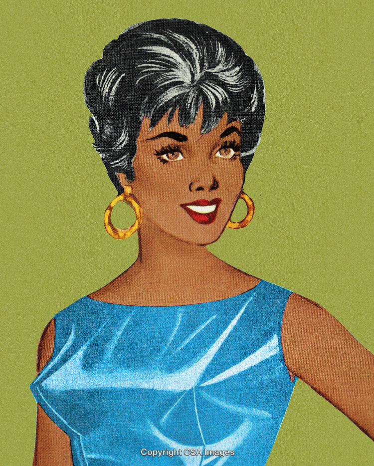 Retro Styled Illustration of a Woman in Blue Dress and Hoop Earrings
