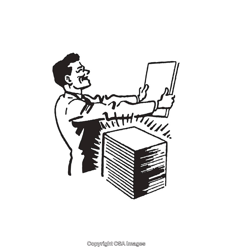 Businessman Holding Document with Stack of Papers in Vintage Style Art
