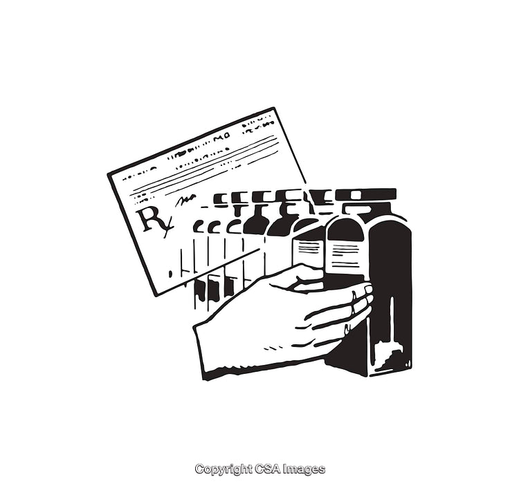 Black and White Illustration of Pharmacy Prescription and Medicine Bottles