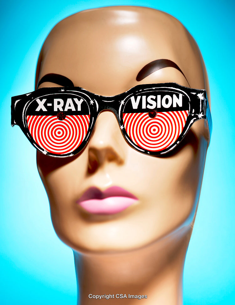 Mannequin Wearing Glasses with X-Ray Vision Design in Vibrant Colors