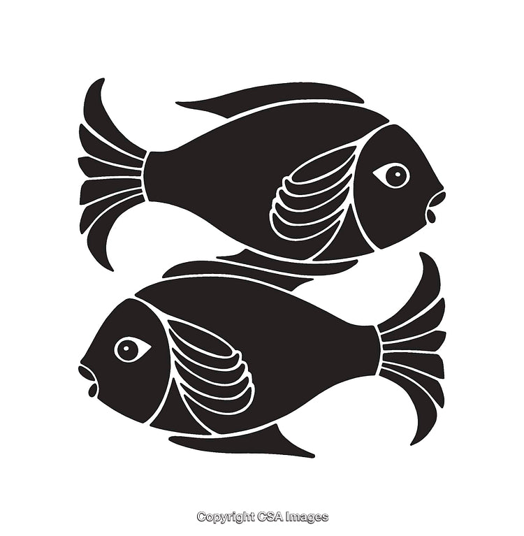 Black and White Line Art Illustration of Two Stylized Fish Facing Opposite Directions