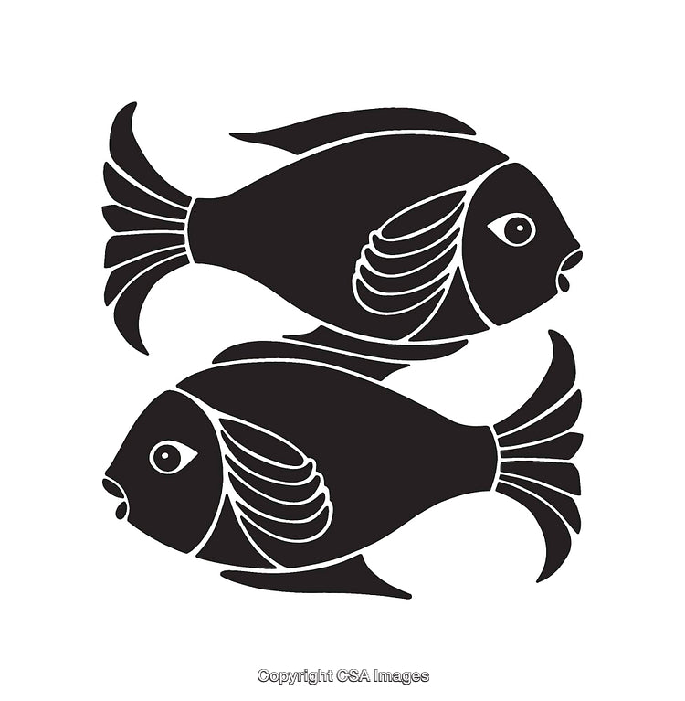 Black and White Line Art Illustration of Two Stylized Fish Facing Opposite Directions