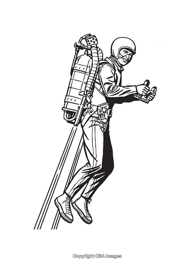 Black and White Illustration of a Pilot Using a Jetpack for Flight