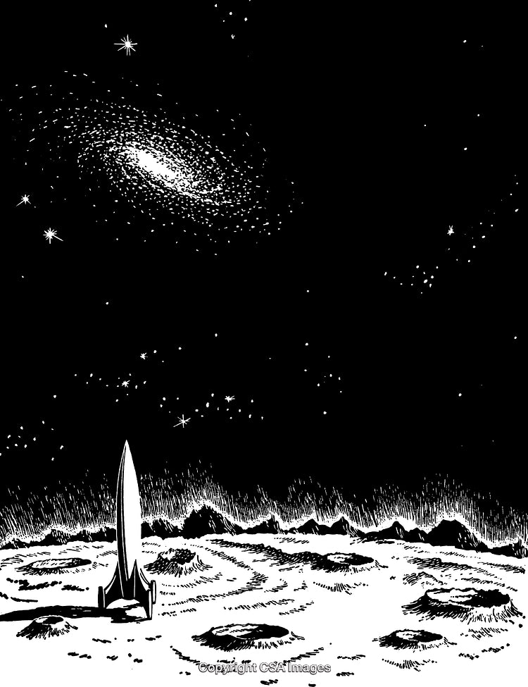 Spaceship Landed on a Lunar Surface with Starry Night Sky Backdrop
