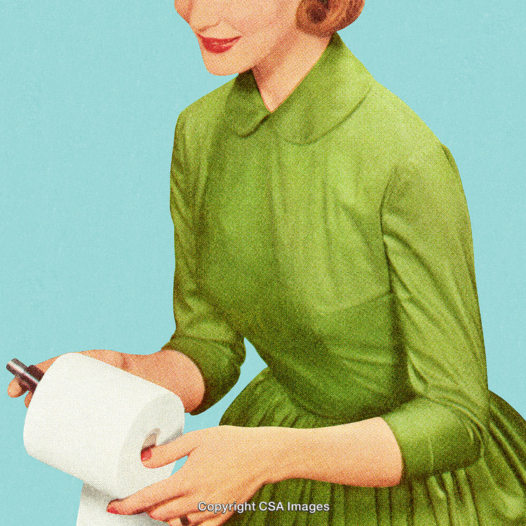 Retro Styled Woman Holding Toilet Paper Roll on Pastel Background