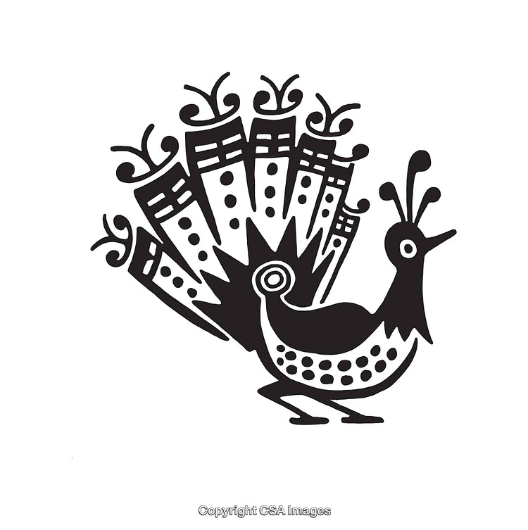 Stylized Black and White Peacock Illustration with Decorative Design
