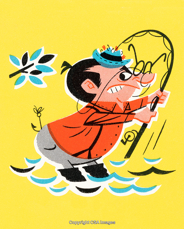 Cartoon Illustration of a Man Fishing With Vibrant Colors and Playful Vibes