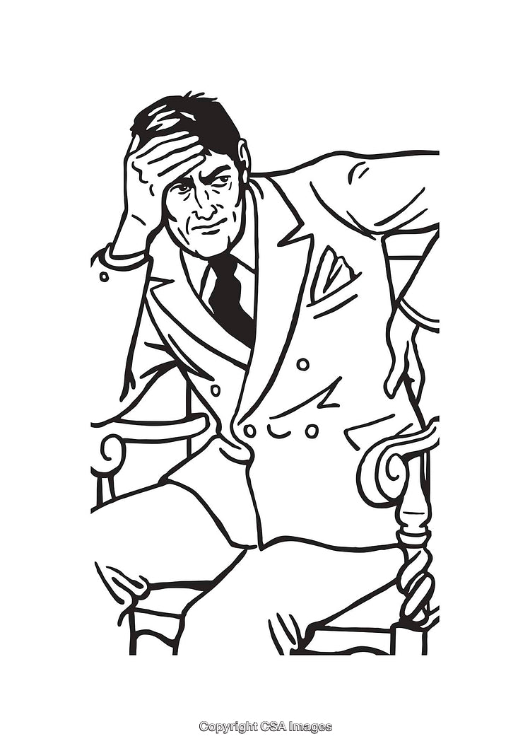 Black And White Illustration of a Thoughtful Businessman Seated in a Chair