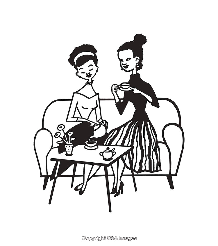 Two Women Enjoying Afternoon Tea in Black and White Line Art