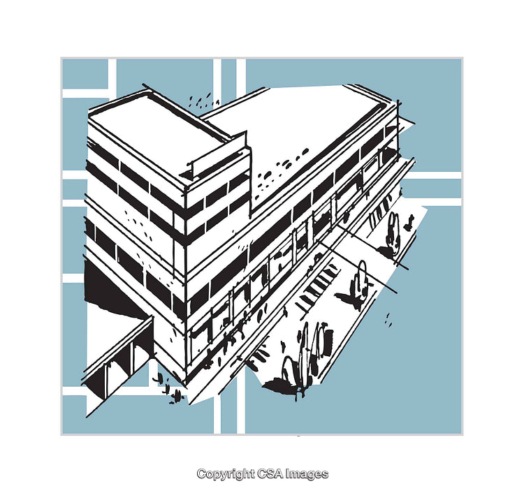 Black and White Minimalist Illustration of an Urban Office Building Design