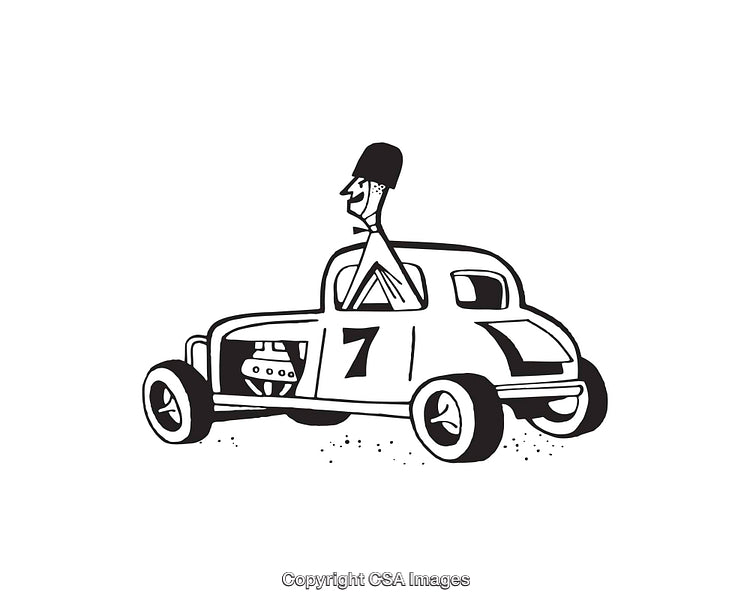 Black and White Line Art of a Vintage Racing Car with Driver