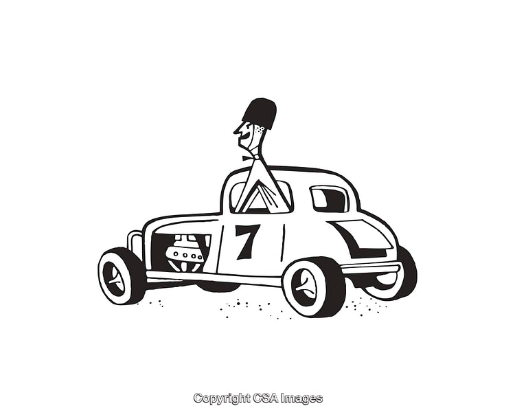 Black and White Line Art of a Vintage Racing Car with Driver