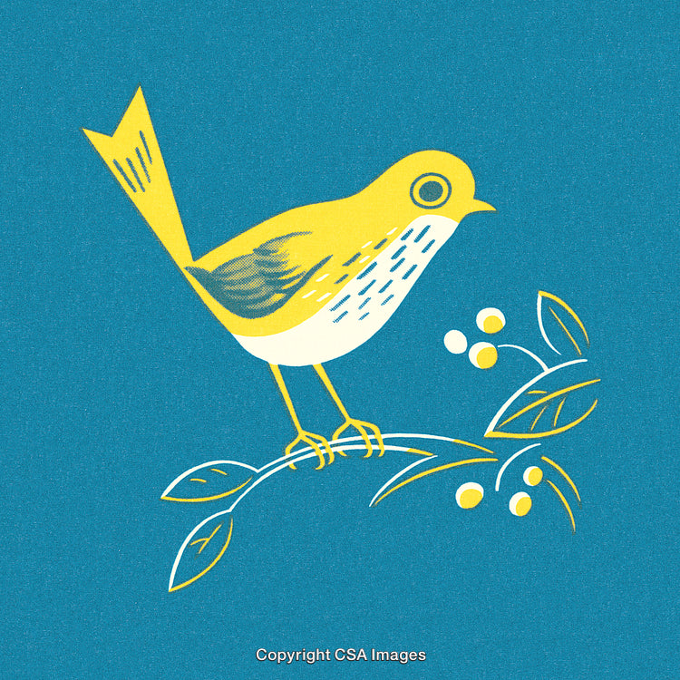 Charming Illustration of a Yellow Bird Perched on a Flowery Branch