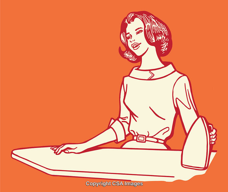 Retro Line Art Illustration of Woman Engaged in Homemaking Activity