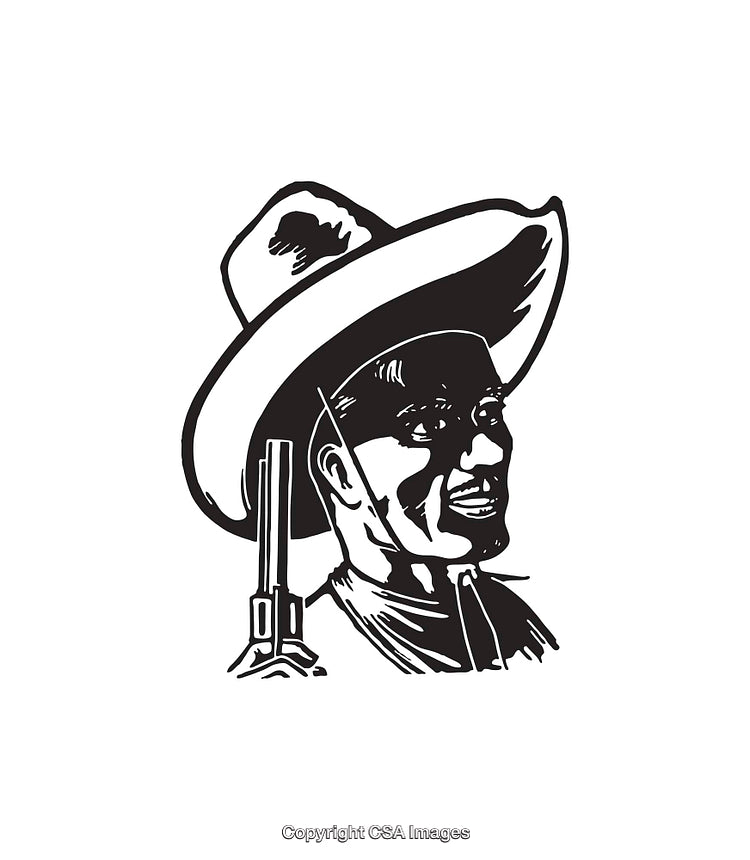 Black and White Line Art Cowboy Illustration with Hat and Rifle