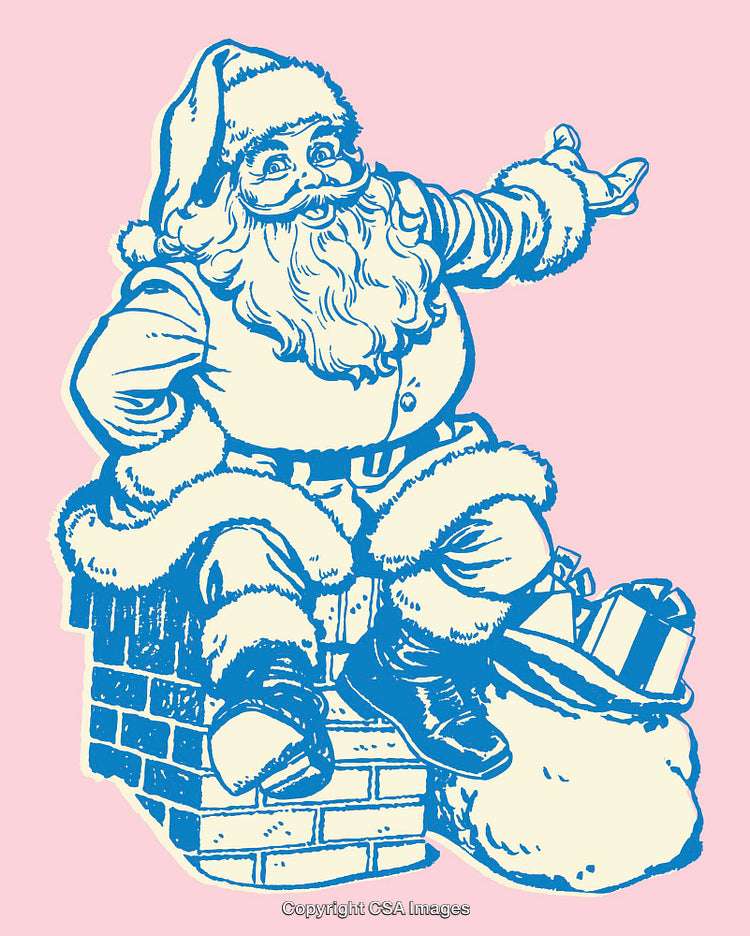 Classic Santa Claus Illustration Sitting on a Chimney with Gifts