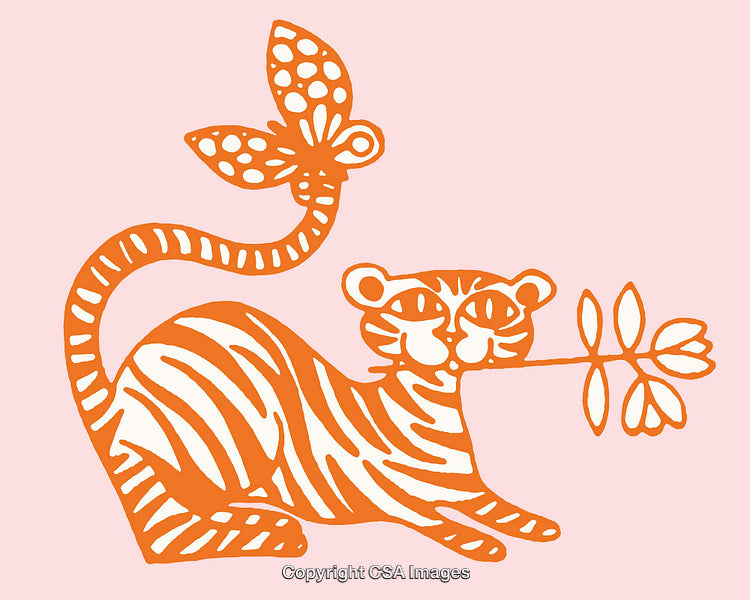 Colorful Tiger Illustration with Butterfly and Flower on Pink Background