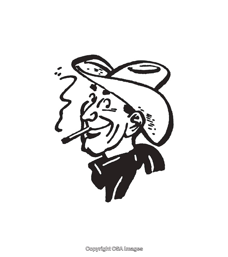Smiling Cowboy in Hat Smoking a Cigarette Line Art Illustration