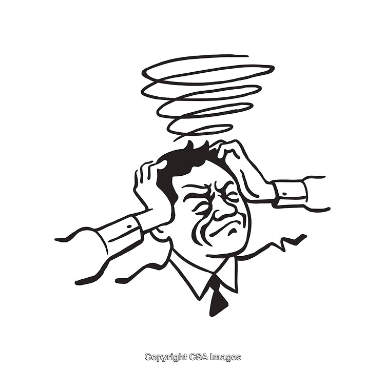 Black and White Illustration of a Stressed Man Holding His Head