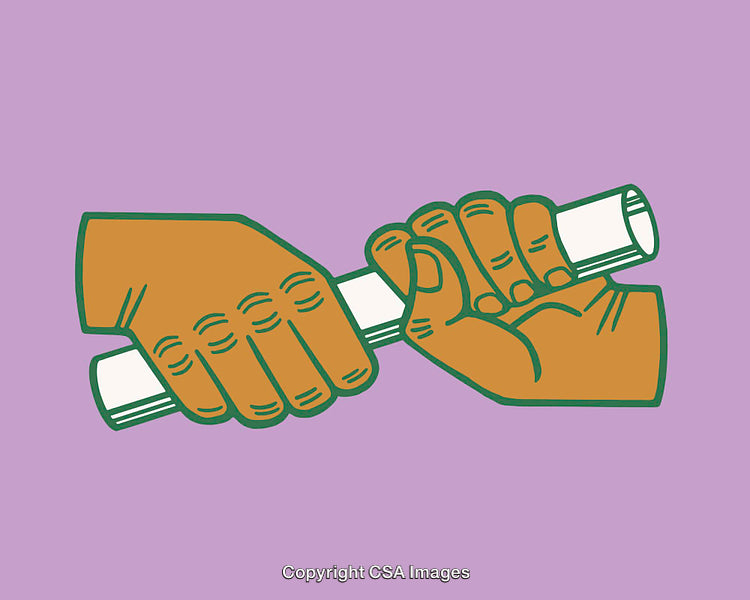 Illustration of Hands Holding Rolled Document on Purple Background